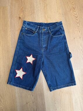Wish Me Luck Los Angeles Long Blue Denim Jorts with Stars